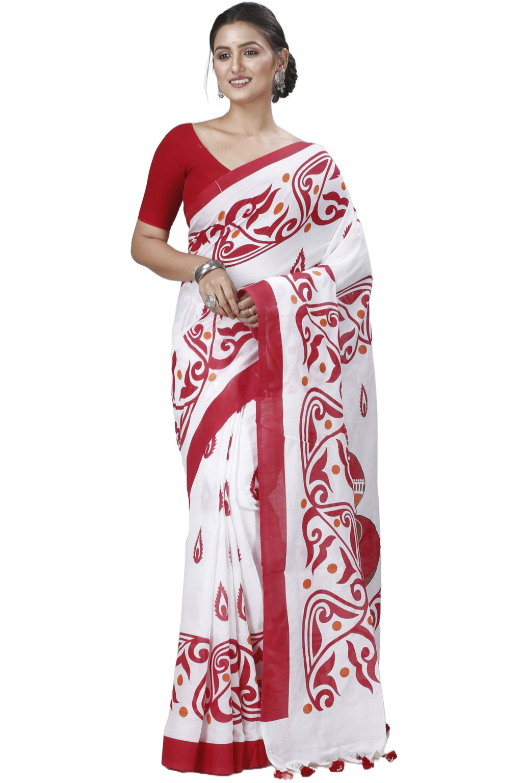 Red White Pure Cotton Teba Printed Handloom Saree (1262)